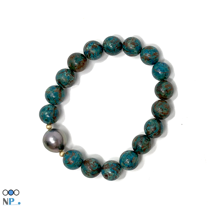 Bracelet de perle de tahiti, perle de culture et pierres semi- précieuses Chrysocolle bleu_vert_Turquoise